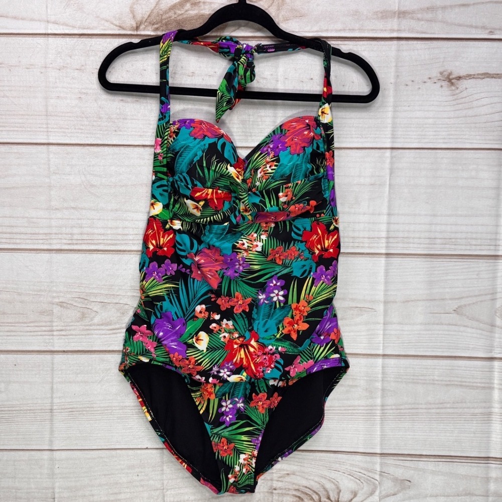 Catalina Swimsuit Women XL Multi Excellent Tropical Halter One Piece Resort